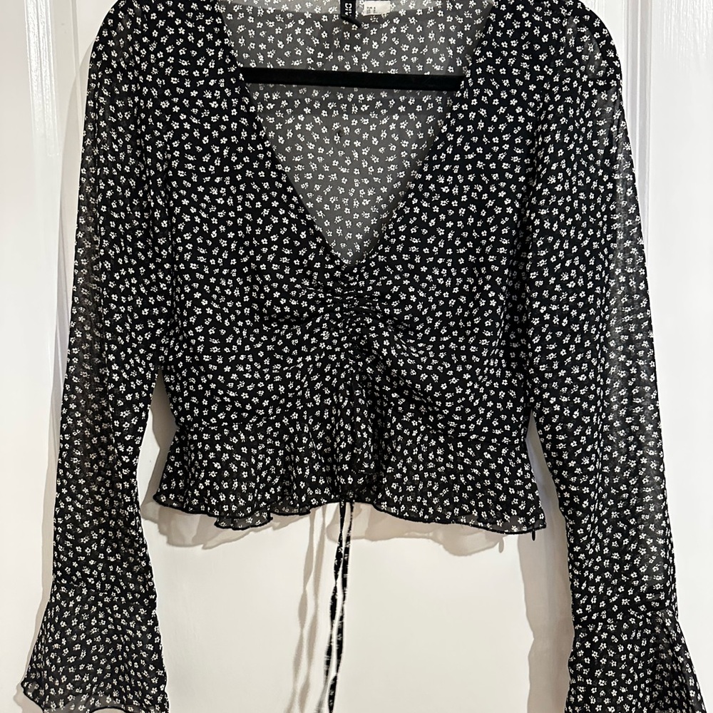 H&M Black and White Ruffled Wrap Blouse